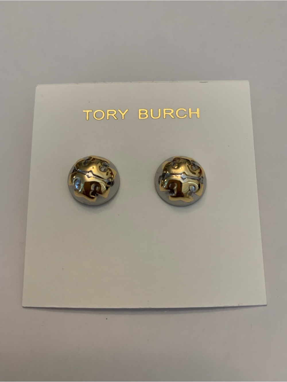 Tory Burch Earrings Gold Silver Tone Round Logo Stud